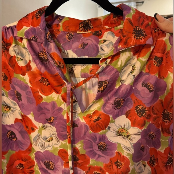 1970’s Floral Flower Power Womens Collared Blouse Bow Tie Top Medium Vintage - Picture 10 of 10